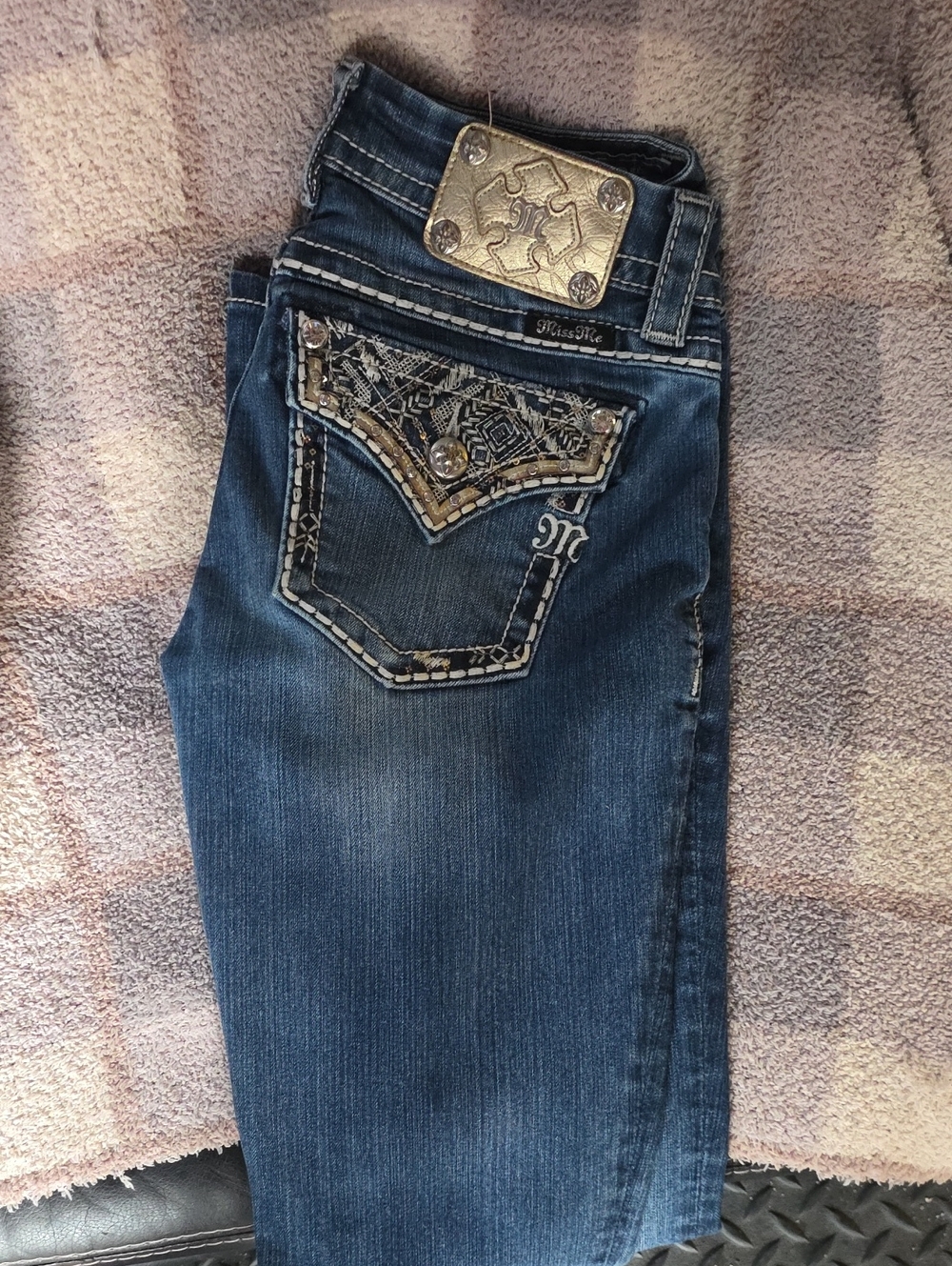 Miss Me Blue Embellished Bootcut Jeans with Metallic Trim Sz 27 Skimny